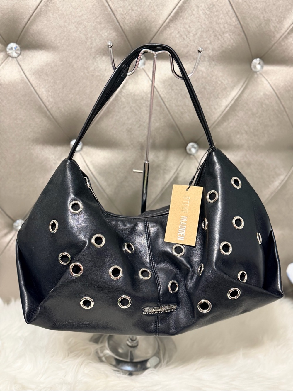 Steve Madden Black Leather Grommet Hobo Bag